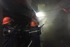  Lực lượng chữa cháy nỗ lực dập lửa. (Ảnh: Nguyễn Oanh/TTXVN)