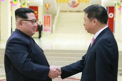 Nhà lãnh đạo Kim Jong Un (trái) và ông Tống Đào (phải) trong cuộc gặp tại Bình Nhưỡng ngày14/4. (Nguồn: Yonhap/TTXVN)