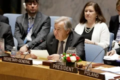 Tổng Thư ký Liên hợp quốc Antonio Guterres (giữa) tại cuộc họp của Hội đồng bảo an LHQ ở New York, Mỹ ngày 22/5. (Nguồn: THX/TTXVN)