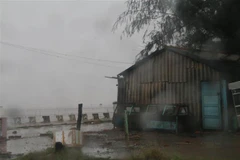 Mưa lớn tại khu vực bãi biển Tân Thành. (Ảnh: Minh Trí/TTXVN)