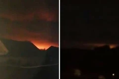 Khói lửa bốc lên ngùn ngụt tại hiện trường vụ nổ kho vũ khí của quân đội Ukraine, cách thủ đô Kiev 176km về phía đông ngày 9/10/2018. (Ảnh: Borshch 1/TTXVN)