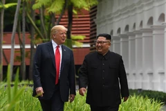  Tổng thống Mỹ Donald Trump (trái) và Nhà lãnh đạo Triều Tiên Kim Jong-un tại cuộc gặp lịch sử ở Sentosa, Singapore ngày 12/6. (Nguồn: AFP/TTXVN)