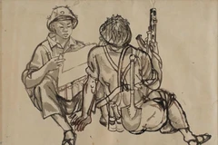 Tài liệu kí họa đội bạn, 1985 - Màu nước trên giấy, 39 x 31 cm – Họa sĩ Đào Đức