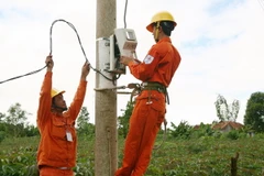 Công nhân Công ty Điện lực Kon Tum nâng cấp, cải tạo lưới điện phân phối tại huyện Sa Thầy. (Ảnh: Ngọc Hà/TTXVN)