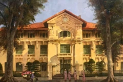 Bức 'Mùa sen Hà Thành' vẽ trước cổng Văn phòng Trung ương Đảng trên đường Hùng Vương. (Ảnh: Phong Hoàng)