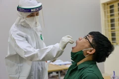 Sáng 23/2, các quận huyện tại Hà Nội đồng loạt tổ chức xét nghiệm COVID-19 cho các tân binh trước ngày lễ giao quân. (Ảnh: Minh Sơn/Vietnam+)