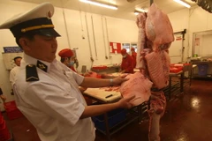 Nhân viên Chi cục Thú y kiểm tra vệ sinh an toàn thịt gia súc đưa vào kinh doanh tại siêu thị Metro Long Xuyên. (Ảnh: Vũ Sinh/TTXVN)