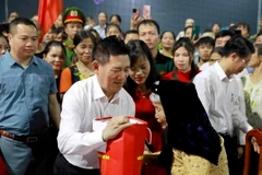 Phó Thủ tướng Hồ Đức Phớc tặng quà cho Mẹ Việt Nam Anh hùng Phùng Thị Độ. (Ảnh: Hoàng Hùng/TTXVN)