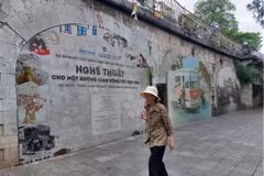 Hoạt động sáng tạo biến các vòm cầu đường sắt Phùng Hưng thành phố bích họa. (Ảnh: Đinh Thuận/TTXVN)