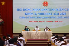 Quang cảnh Kỳ họp thứ 24 (kỳ họp thường lệ giữa năm) của Hội đồng Nhân dân tỉnh Kiên Giang khóa X, nhiệm kỳ 2021-2026. (Ảnh: Lê Huy Hải/TTXVN)