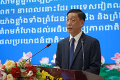Chủ tịch Liên hiệp các Tổ chức Hữu nghị tỉnh Đồng Tháp Lê Xuân Hải phát biểu tại lễ kỷ niệm. (Ảnh: Nhựt An/TTXVN)