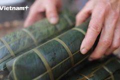 Bánh chưng dài tại làng nghề gói bánh chưng Bờ Đậu (Ảnh: Lâm Phan/Vietnam+)