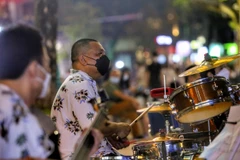 Các nghệ sỹ biểu diễn nghệ thuật trên phố đi bộ hồ Hoàn Kiếm. (Ảnh: Tuấn Đức/TTXVN)