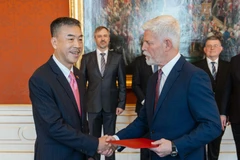 Đại sứ Dương Hoài Nam trình Thư ủy nhiệm của Chủ tịch nước Võ Văn Thưởng lên Tổng thống Cộng hòa Séc Petr Pavel. (Ảnh: TTXVN phát)