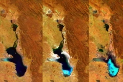 Hồ Poopó cạn dần qua các bức ảnh vệ tinh chụp các thời điểm kế tiếp nhau.