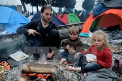 Trẻ em trong những căn lều tạm tại Idomeni, Hy Lạp, gần biên giới với Macedonia ngày 10/3. (Nguồn: AFP/TTXVN)