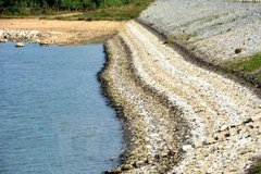 Hồ chứa thủy điện An Khê, mực nước đã xuống thấp 3-4m. (Ảnh: Hoài Nam/TTXVN) 