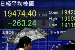 Bảng tỷ giá chứng khoán tại sàn giao dịch ở Tokyo. (Nguồn: AFP/TTXVN)