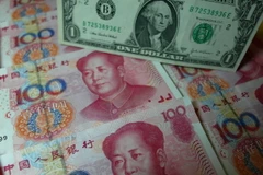 Đồng nhân dân tệ (màu đỏ) và đồng USD (màu xanh) tại tỉnh Hồ Bắc, Trung Quốc ngày 14/8. (Nguồn: AFP/TTXVN)