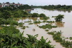 Nước lên ngập khu vực các hộ dân sống dưới gầm cầu Long Biên. (Ảnh: Thành Đạt/TTXVN)