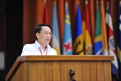 Ủy viên Trung ương Đảng, Tổng Giám đốc TTXVN Nguyễn Đức Lợi-Trưởng đoàn đại biểu Đảng Cộng sản Việt Nam phát biểu tại Diễn đàn Sao Paulo. (Ảnh: Lê Hà/TTXVN)