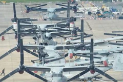 Máy bay Osprey tại căn cứ không quân Futenma của lực lượng Lính thủy đánh bộ Mỹ ở tỉnh Okinawa, miền Nam Nhật Bản. (Nguồn: Kyodo/TTXVN)