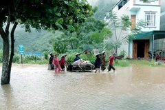 Người dân huyện Định Hóa di chuyển tài sản, vật nuôi tránh lũ. (Ảnh Thu Hằng/TTXVN)