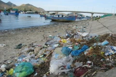 Khu vực ven bờ Đầm Nại phía dưới chân cầu Ninh Chữ (huyện Ninh Hải) trở thành bãi rác. (Ảnh: Nguyễn Thành/TTXVN)