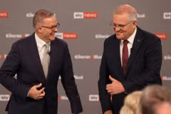 Cuộc tranh luận đầu tiên giữa Thủ tướng đương nhiệm, lãnh đạo đảng Tự do, Scott Morrison và lãnh đạo Công đảng Anthony Albanese.(Nguồn:Skybase)
