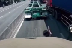Thót tim trước màn băng qua đường trước xe container của người phụ nữ