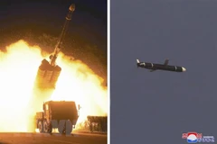 Hình ảnh do Hãng thông tấn KCNA đăng phát ngày 13/9/2021 cho thấy một tên lửa đạn đạo tầm xa thế hệ mới rời bệ phóng (ảnh trái) và bay trên bầu trời (ảnh phải). (Ảnh: YONHAP/TTXVN) 