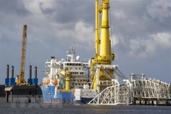 Tàu Akademik Cherskiy của Nga tham gia lắp đặt đường ống dẫn khí đốt của dự án Dòng chảy phương Bắc 2 neo tại cảng Mukran, gần Sassnitz, Đông Bắc Đức. (Ảnh: AFP/TTXVN) 