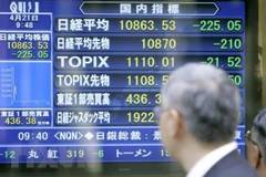 Màn hình hiển thị các chỉ số chứng khoán tại Tokyo, Nhật Bản. (Ảnh: Kyodo/TTXVN) 