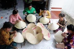 Phụ nữ ở thị trấn Thới Lai (Cần Thơ) chằm nón lá. (Ảnh: Thu Hiền/TTXVN)