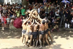 Một cảnh cướp cầu đặc sắc của lễ hội vật cầu bùn. (Ảnh: TTXVN)