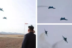 Nhà lãnh đạo Triều Tiên Kim Jong-un thị sát buổi huấn luyện của lực lượng không quân Triều Tiên tại một địa điểm không xác định. (Ảnh: Truyền thông Nhà nước Triều Tiên/TTXVN phát)