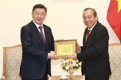 Phó Thủ tướng Thường trực Chính phủ Trương Hòa Bình tặng quà lưu niệm cho Bộ trưởng Quốc phòng Mông Cổ Nyamaa EnKhbold. (Ảnh: Doãn Tấn/TTXVN)