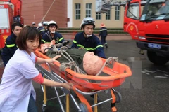 Diễn tập chữa cháy, cứu hộ cứu nạn lao động. (Ảnh: Anh Tuấn/TTXVN)