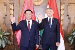 Chủ tịch Quốc hội Vương Đình Huệ và Chủ tịch Quốc hội Hungary László Kövér trước khi hội đàm. (Ảnh: Doãn Tấn/TTXVN)