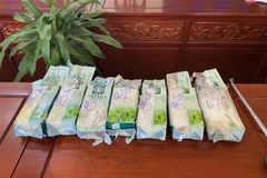 Các gói nylon màu xanh được 4 người dân giao nộp tại Đồn Biên phòng Hải An. (Ảnh: TTXVN phát)