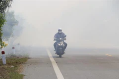 Khói đốt rơm rạ làm hạn chế tầm nhìn trên Quốc lộ 61C, đoạn qua huyện Vị Thủy, tỉnh Hậu Giang. (Ảnh: Duy Khương/TTXVN)