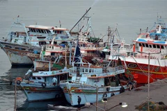 Tàu thuyền neo đầu tại cảng của kênh đào Suez, Ai Cập. (Ảnh: AFP/TTXVN)