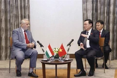 Chủ tịch Quốc hội Vương Đình Huệ tiếp Chủ tịch Hội hữu nghị Hungary-Việt Nam Botz László. (Ảnh: Doãn Tấn/TTXVN)