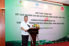 Ông Lê Thành Quân, Vụ trưởng Vụ Quản lý các khu kinh tế phát biểu tại Hội thảo tham vấn kết quả nghiên cứu và đề xuất áp dụng bộ chỉ số khu công nghiệp sinh thái.. (Ảnh: MPI)