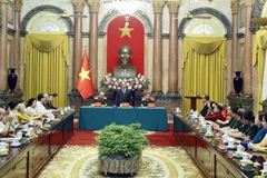 Chủ tịch nước Nguyễn Xuân Phúc phát biểu tại buổi gặp. (Ảnh: Thống Nhất/TTXVN)