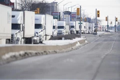 Xe tải xếp hàng dài trên tuyến đường dẫn tới cầu Ambassador ở Windsor, Ontario, Canada, ngày 8/2/2022. (Ảnh: AFP/TTXVN)
