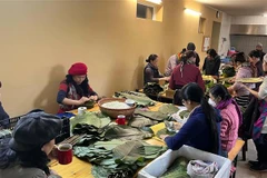 Các phật tử tập trung gói bánh chưng tại Chùa Phổ Đà ở thủ đô Berlin, CHLB Đức. (Ảnh: Mạnh Hùng/TTXVN)