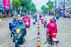 Đường Trần Hưng Đạo ở quận Ninh Kiều, TP. Cần Thơ bị ngập nặng do triều cường. (Ảnh: TTXVN phát)