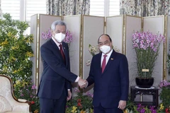 Chủ tịch nước Nguyễn Xuân Phúc gặp Thủ tướng Singapore Lý Hiển Long. (Ảnh: Thống Nhất/TTXVN)