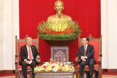 Thường trực Ban Bí thư Võ Văn Thưởng tiếp Tổng Bí thư Đảng Lao động Mexico (PT). (Ảnh: Phương Hoa/TTXVN)